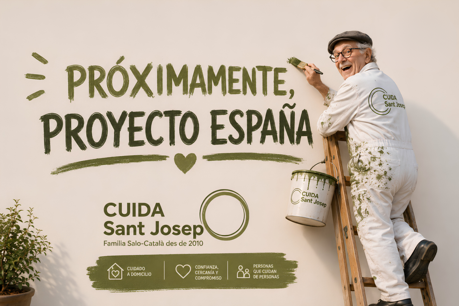 Cuida San Josep anuncia pr&oacute;ximamente Proyecto Espa&ntilde;a con un pintor sonriente en una escalera